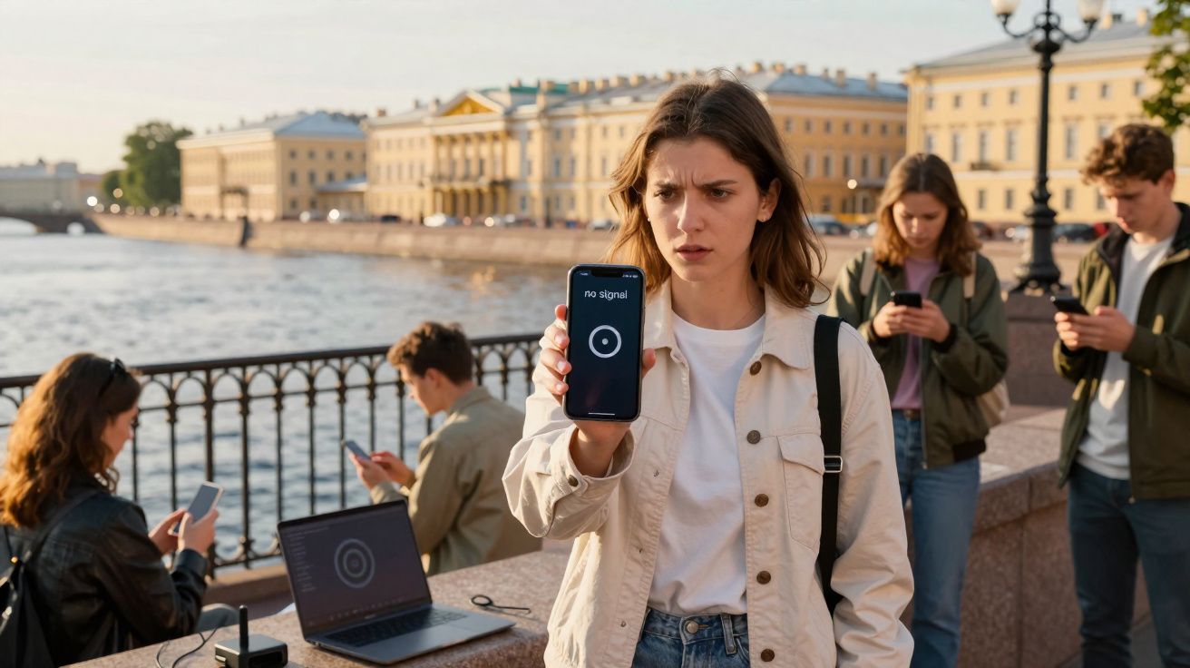 Jovem mostra telemóvel sem sinal enquanto outros usam dispositivos num passeio junto ao rio.