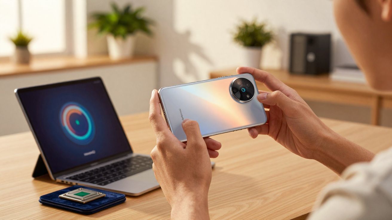 Pessoa segurando telemóvel branco em escritório com computador portátil e processador sobre mesa de madeira.