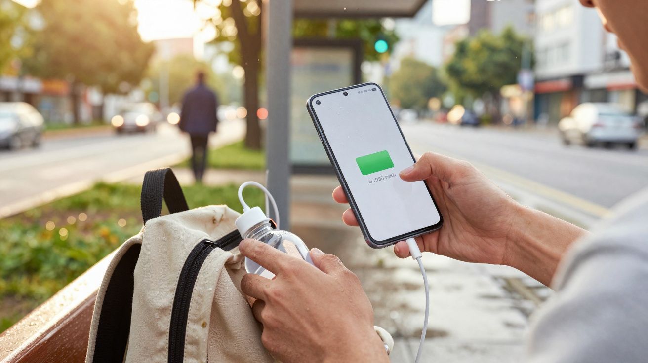 Pessoa a carregar telemóvel com power bank numa rua, com mochila e garrafa na mão, ao pôr do sol.