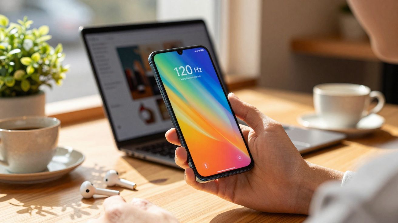 Pessoa segura smartphone com ecrã a mostrar 120 Hz em frente a computador portátil, café e auscultadores na secretária.