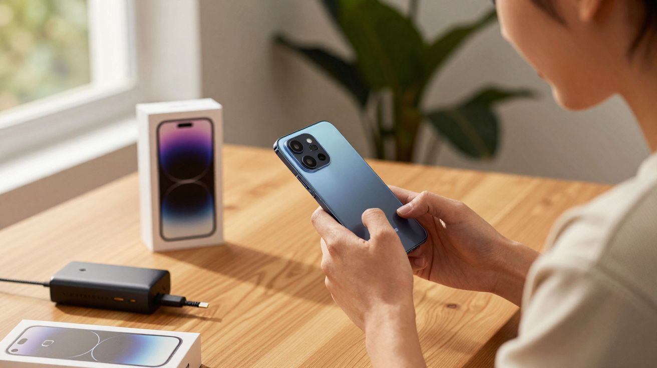 Pessoa a segurar um smartphone azul com caixas e carregador numa mesa de madeira junto a uma janela.