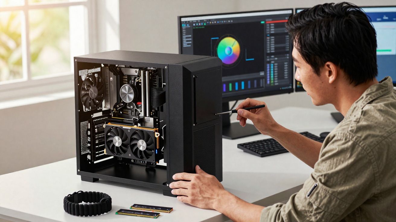 Homem a montar computador de secretária com ferramentas junto a ecrã e peças num ambiente iluminado natural.