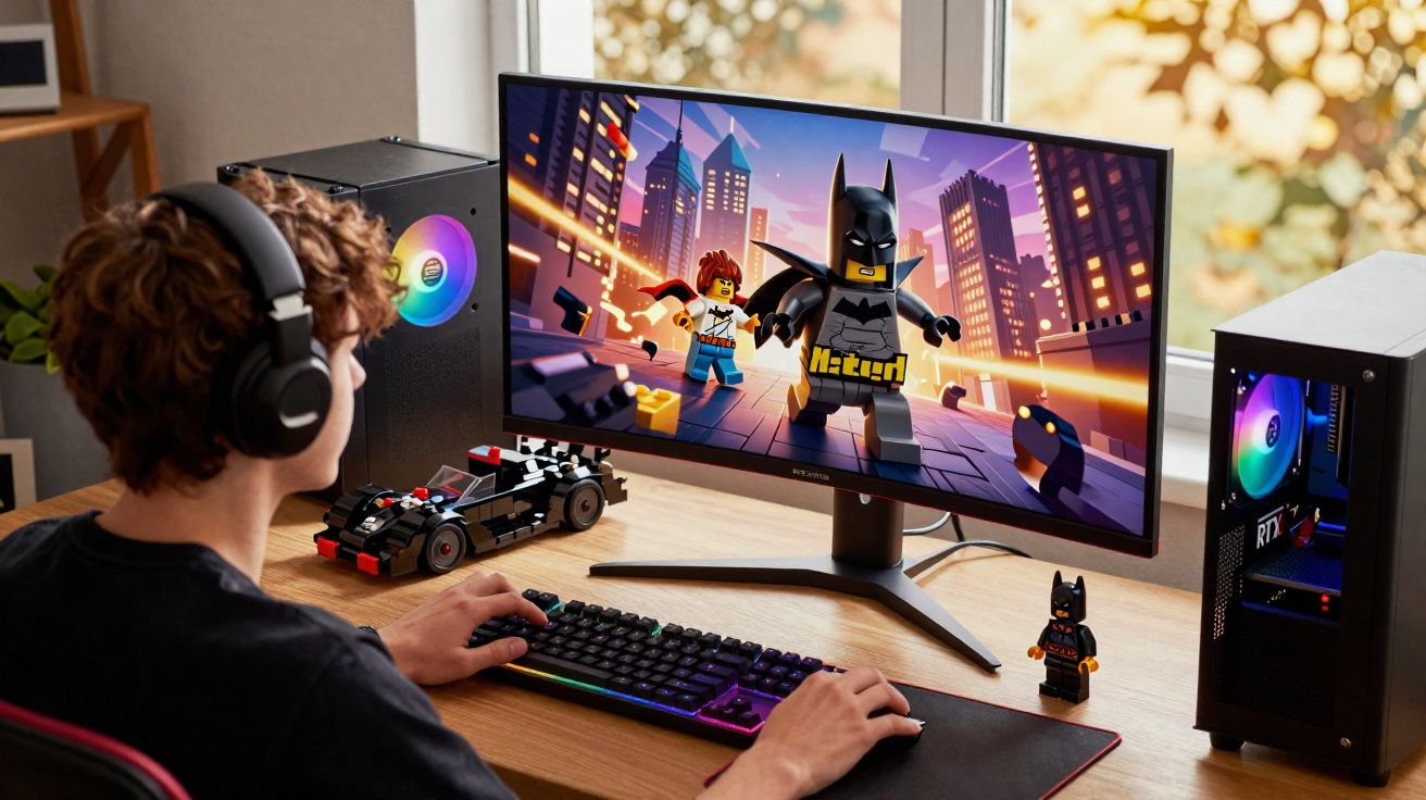 Jovem a jogar videojogo LEGO Batman num computador com torre e teclado RGB numa secretária de madeira.