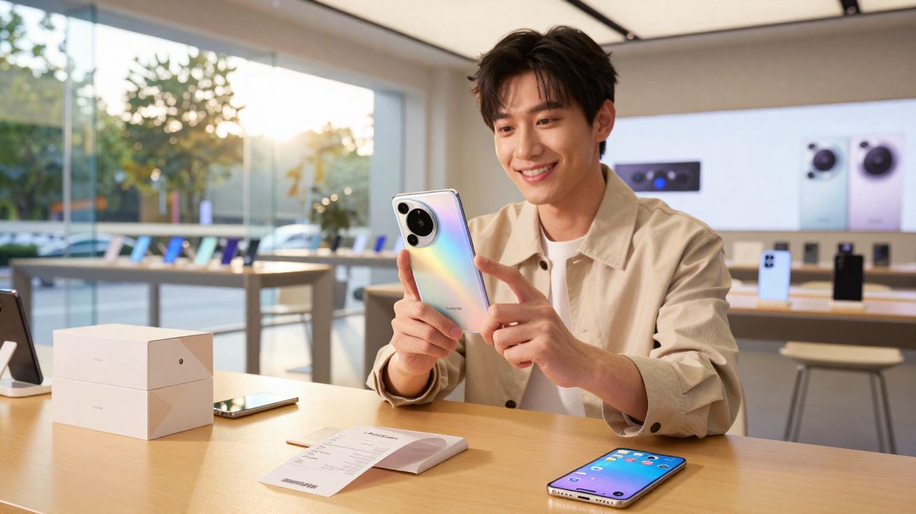 Homem sorridente segurando um smartphone num ambiente moderno de loja de tecnologia.