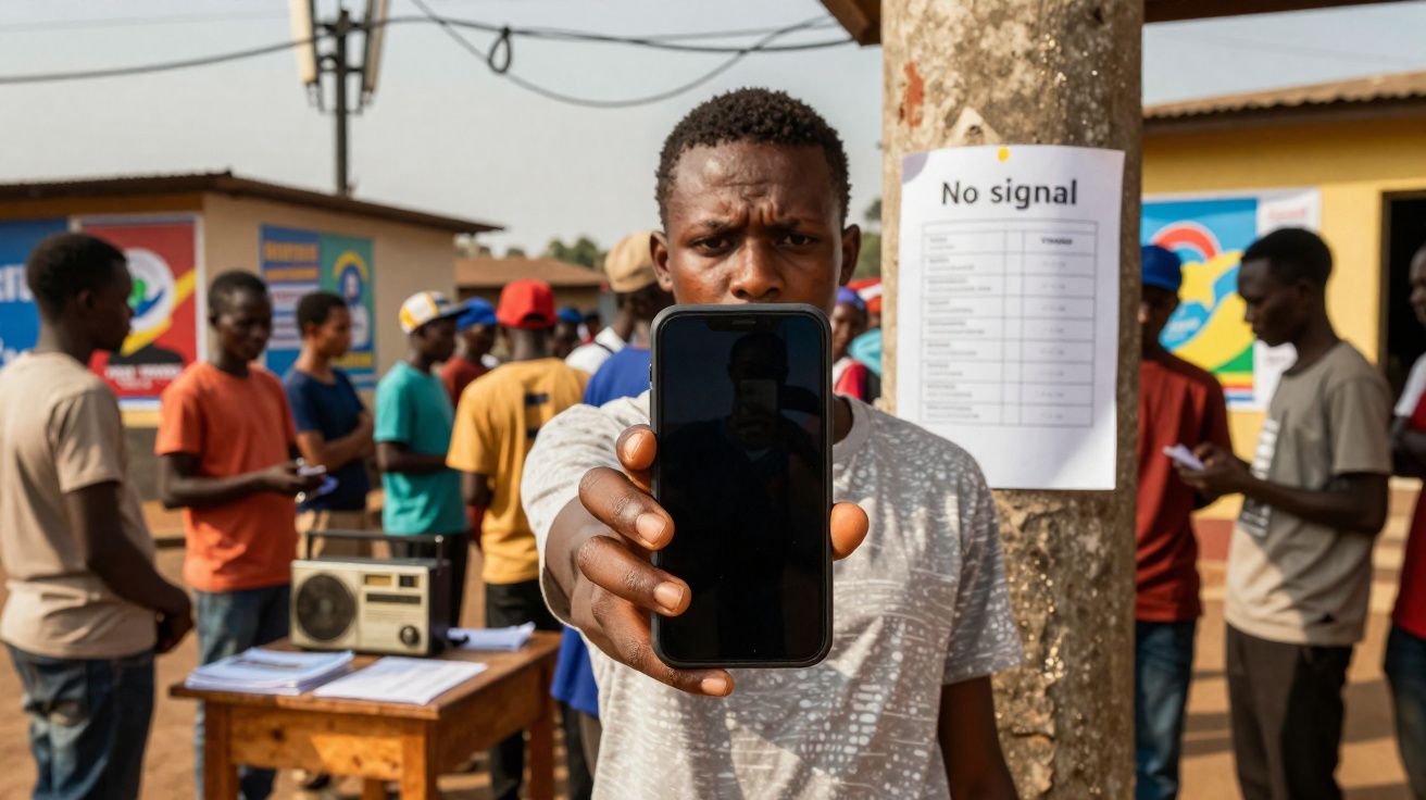 Homem com telemóvel sem sinal mostra ecrã desligado enquanto outras pessoas aguardam numa fila exterior.