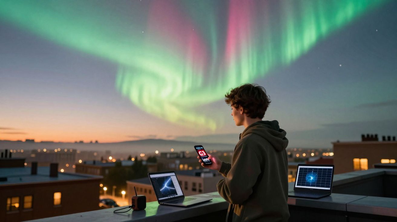 Pessoa observa a aurora boreal enquanto usa telemóvel e dois computadores num terraço urbano ao anoitecer.