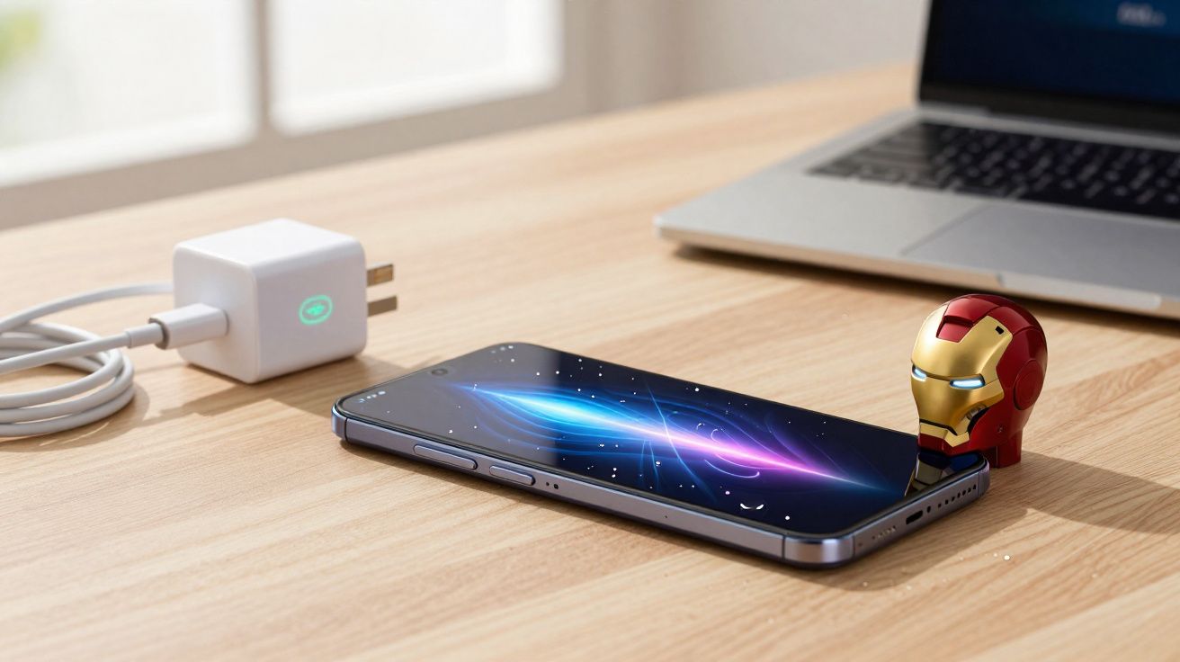 Smartphone com ecrã ligado e carregador, com figura de cabeça do Homem de Ferro em miniatura ao lado, em secretária.