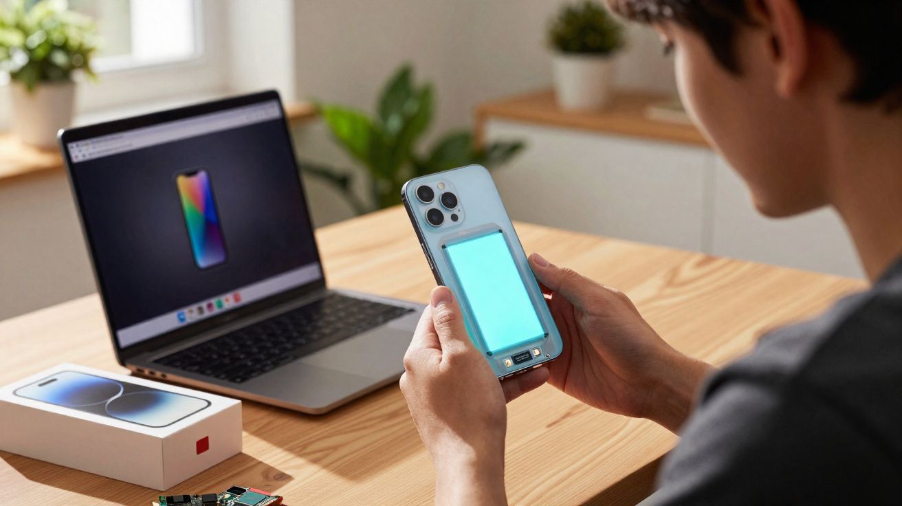 Pessoa segura smartphone com componente eletrônico iluminado, ao lado de portátil e caixa numa mesa de madeira.