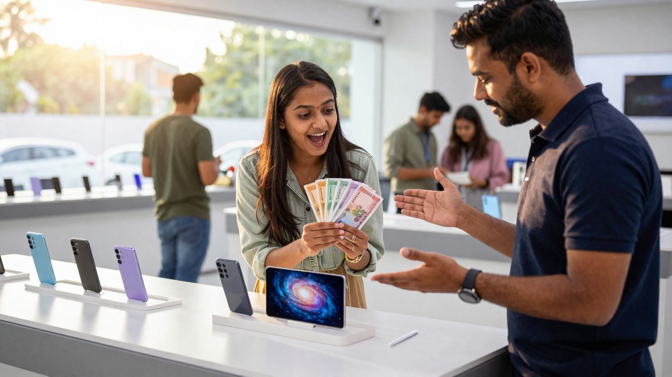 Mulher entusiasmada a mostrar dinheiro a um homem numa loja de eletrónicos com telemóveis em exposição.