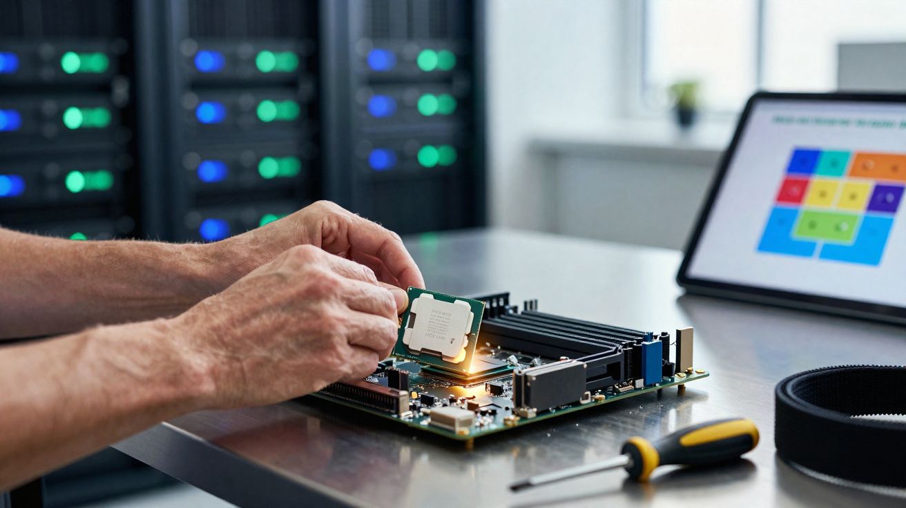Mãos a instalar um processador numa placa-mãe sobre uma mesa com ferramentas e computador ao fundo.