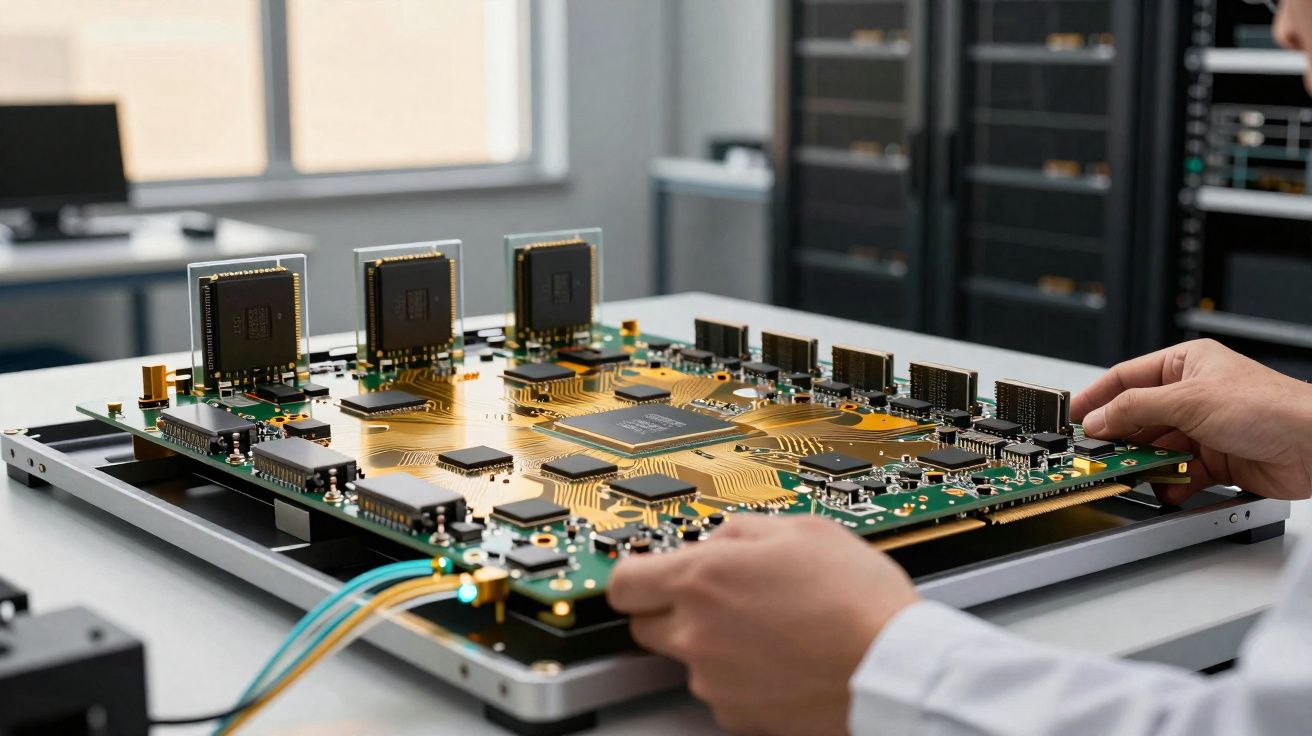 Pessoa a manusear placa eletrónica com componentes e chips num laboratório tecnológico moderno.