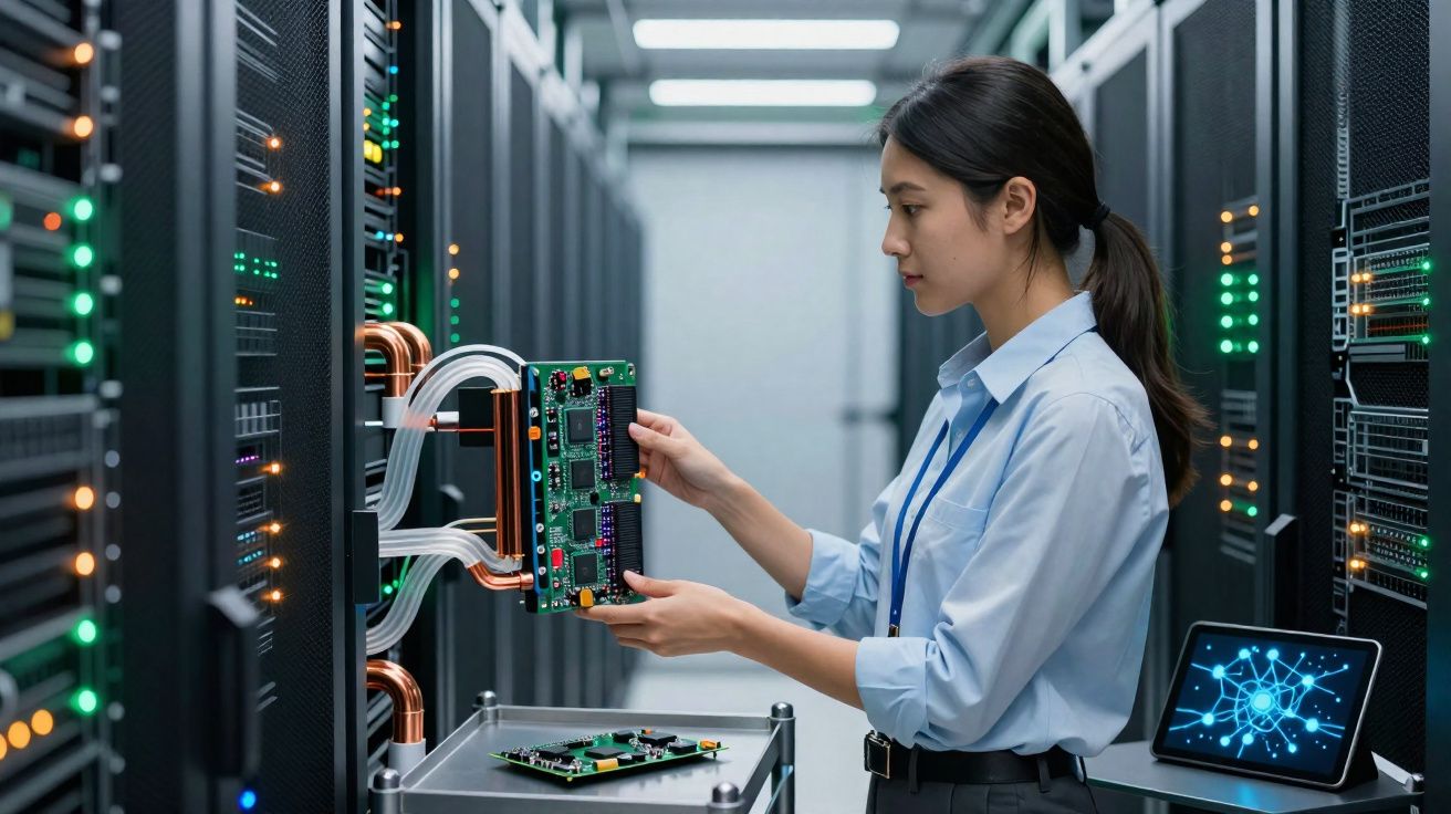 Técnica de informática a inserir uma placa eletrónica num servidor numa sala de servidores.