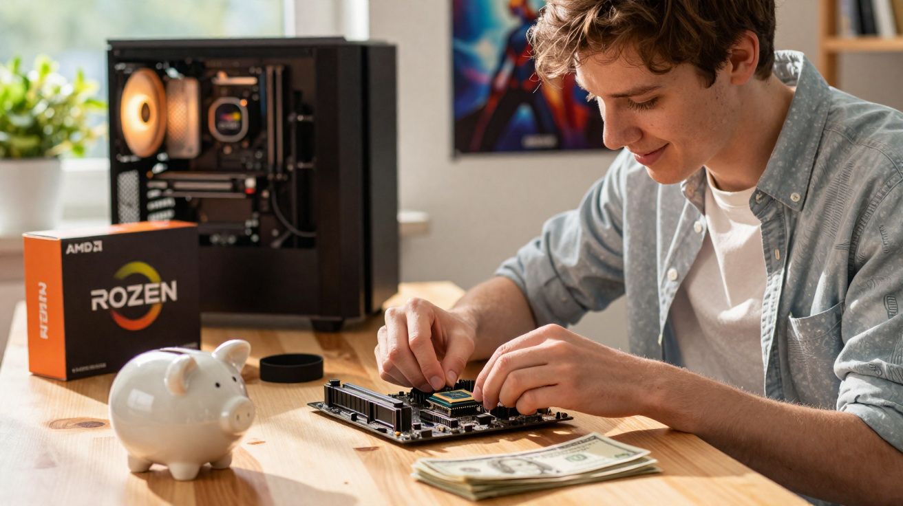 Jovem a montar componente num computador com caixa aberta, junto a notas de dólar e poupança em mealheiro.