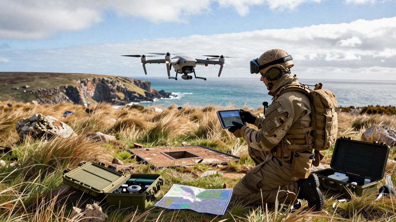 Soldado em uniforme camuflado opera drone com tablet numa área costeira rochosa com equipamentos de campo.