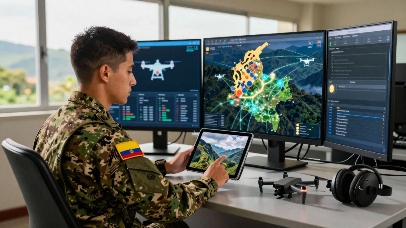 Militar colombiano em uniforme camuflado opera tablet com imagens de drones e mapas em múltiplos ecrãs num escritório moderno