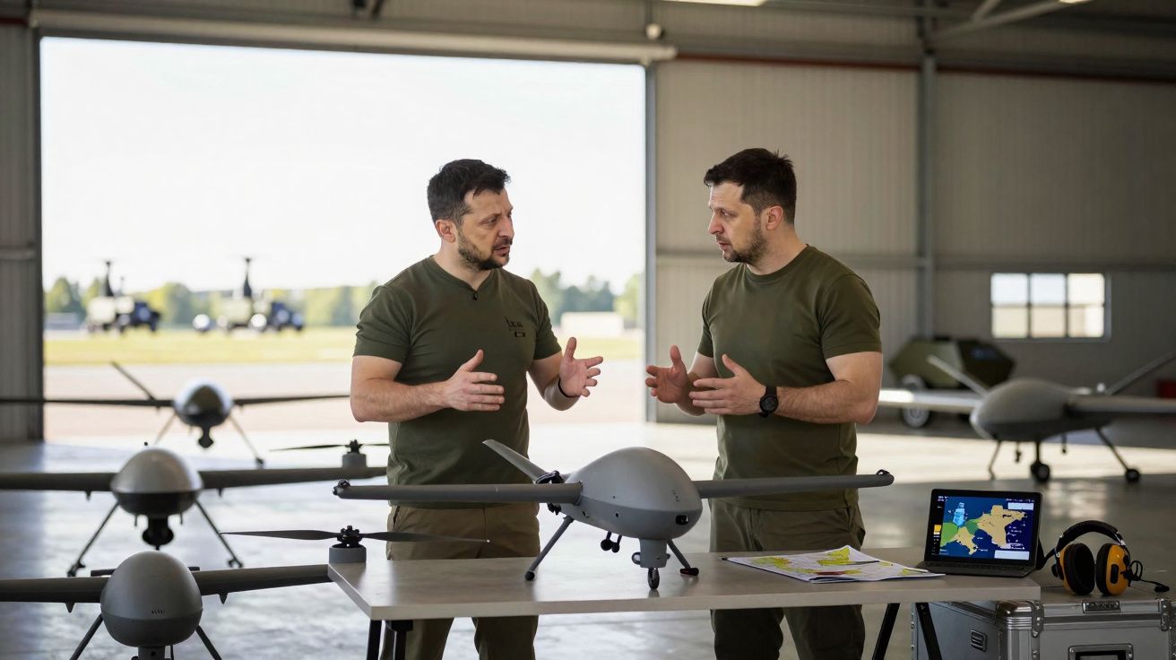 Homem em uniforme militar discute planos com drone em hangar com drones e laptop.