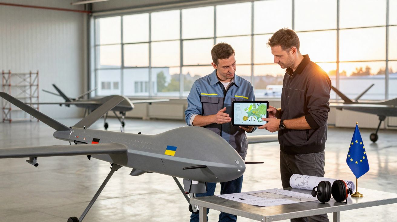 Dois engenheiros discutem planos ao lado de um drone com bandeira da Ucrânia num hangar iluminado pelo sol.