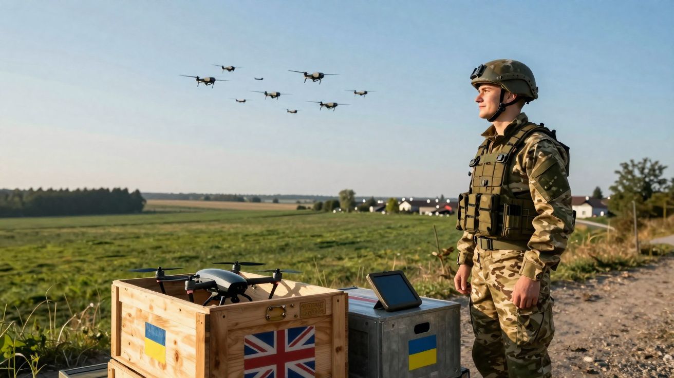 Soldado em uniforme camuflado a controlar drones voando sobre uma zona rural com campos verdes.