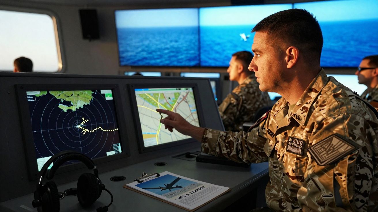 Homem em uniforme militar analisa e aponta ecrãs de radar e mapas num centro de operações.
