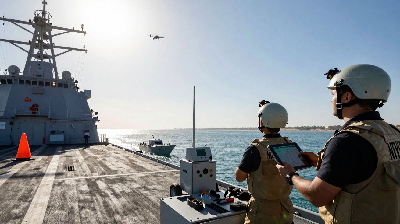 Dois militares a operar um drone e controlar um barco a partir do convés de um navio no mar.