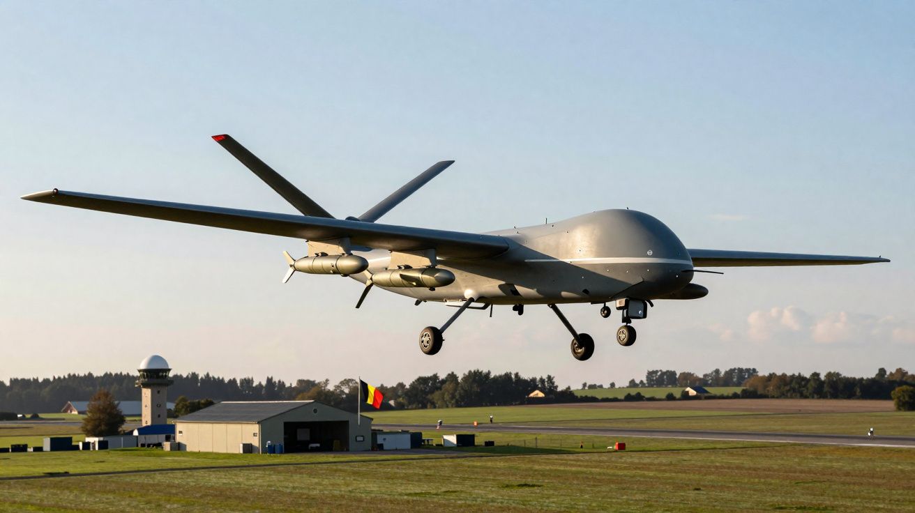 Drone militar cinzento armado a descolar de uma pista de aeroporto em ambiente rural.