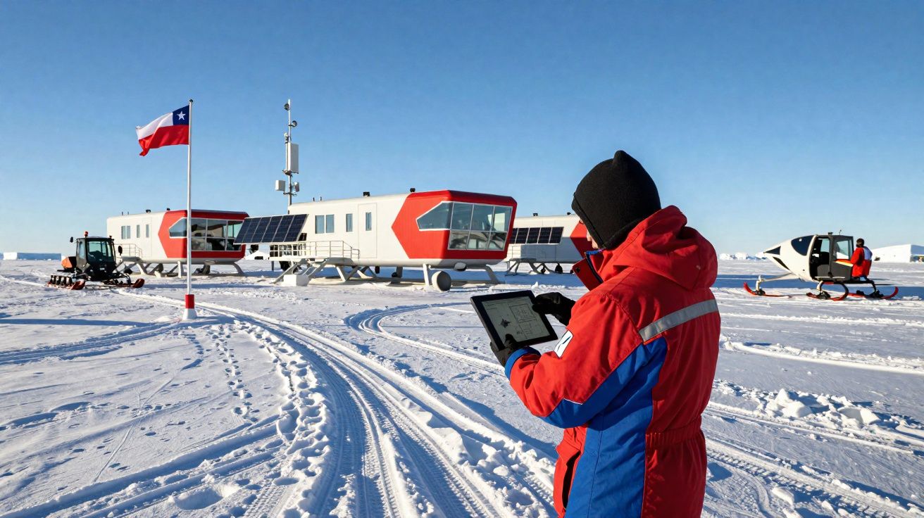 Pessoa com fatos térmicos vermelhos e azuis usando tablet numa base científica na neve com bandeira do Chile.