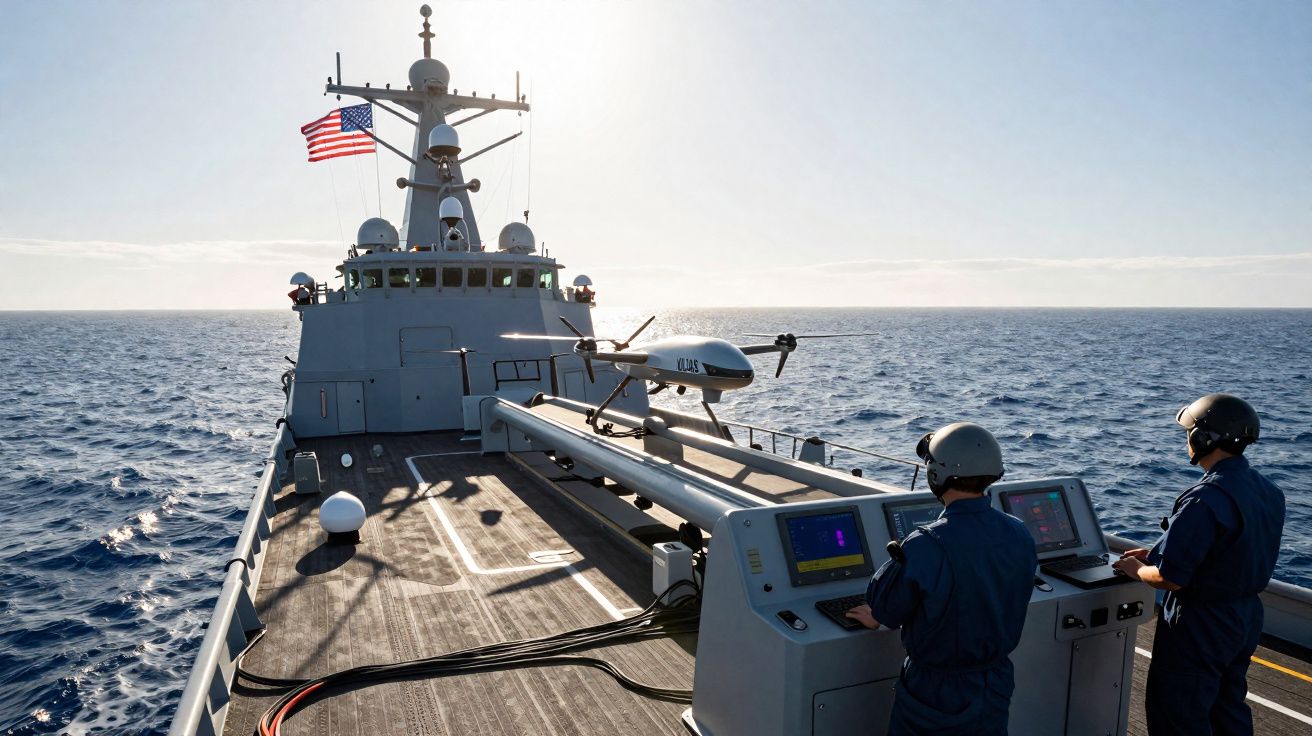 Navio militar com drone e dois operadores no convés em mar aberto ao pôr do sol.