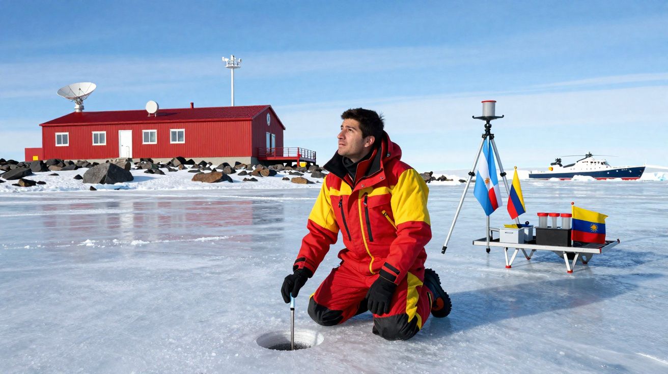 Homem em fato térmico recolhe amostra de gelo com estação científica vermelha e barco ao fundo na paisagem congelada.
