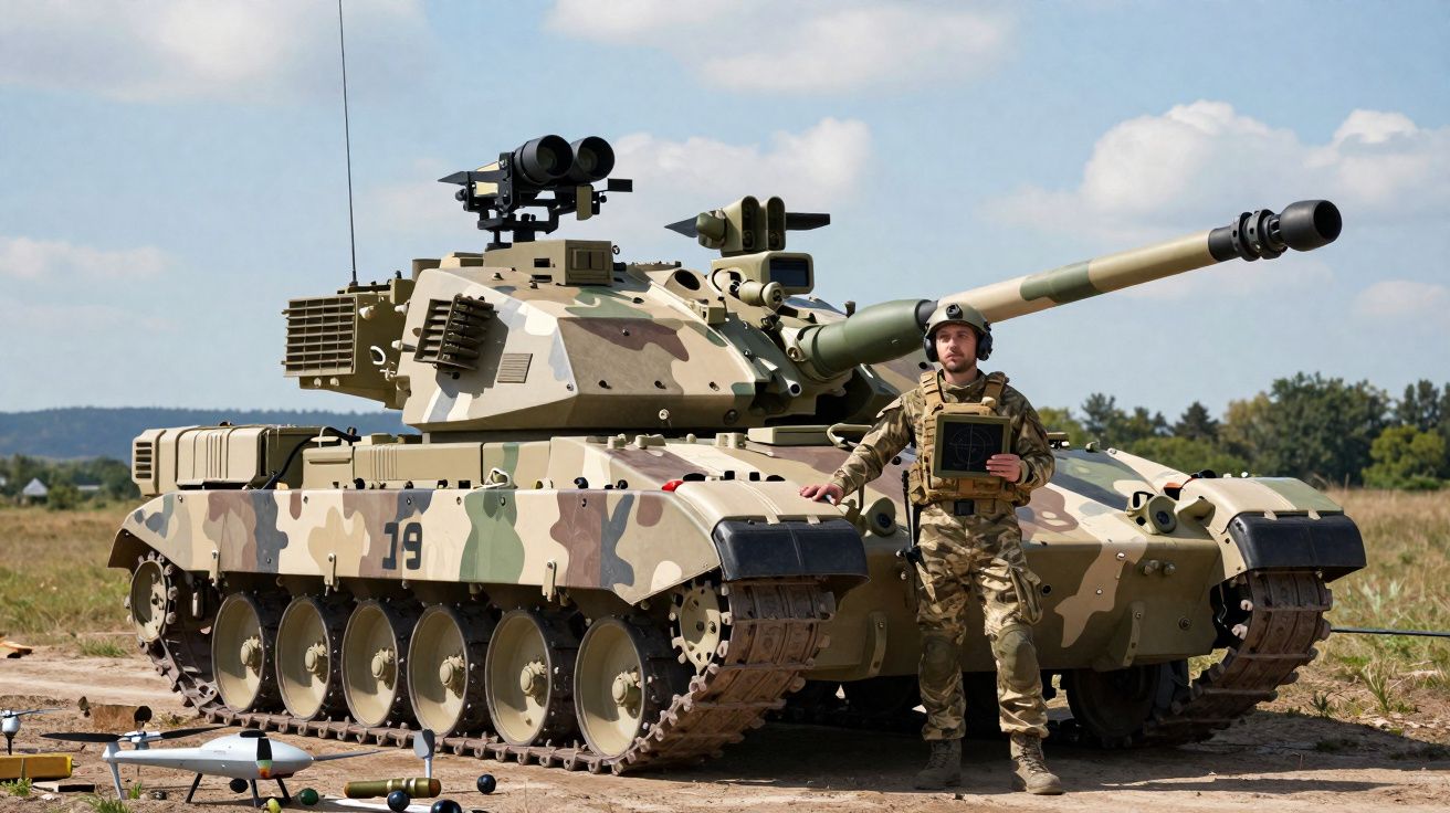 Tanque de guerra camuflado em verde e castanho com soldado em uniforme militar à frente, segurando tablet.