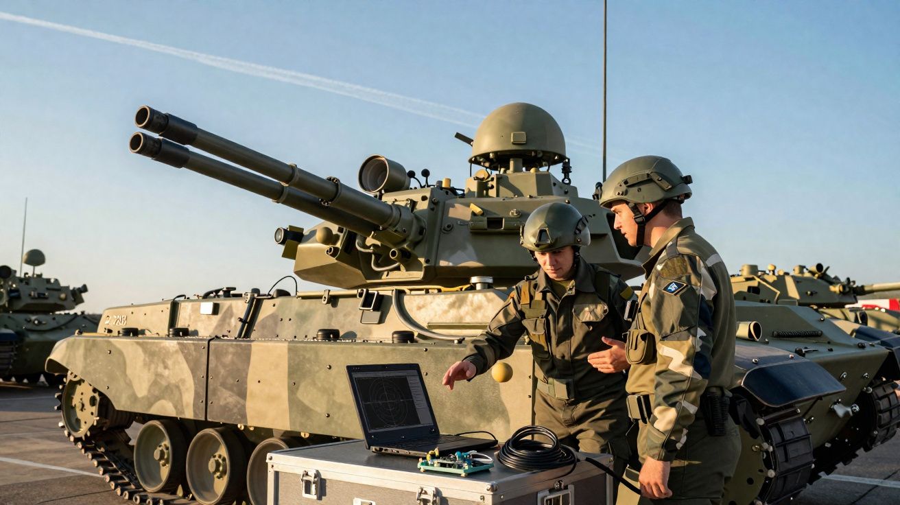 Dois soldados em uniformes e capacetes militares operam um computador portátil junto a um tanque camuflado.