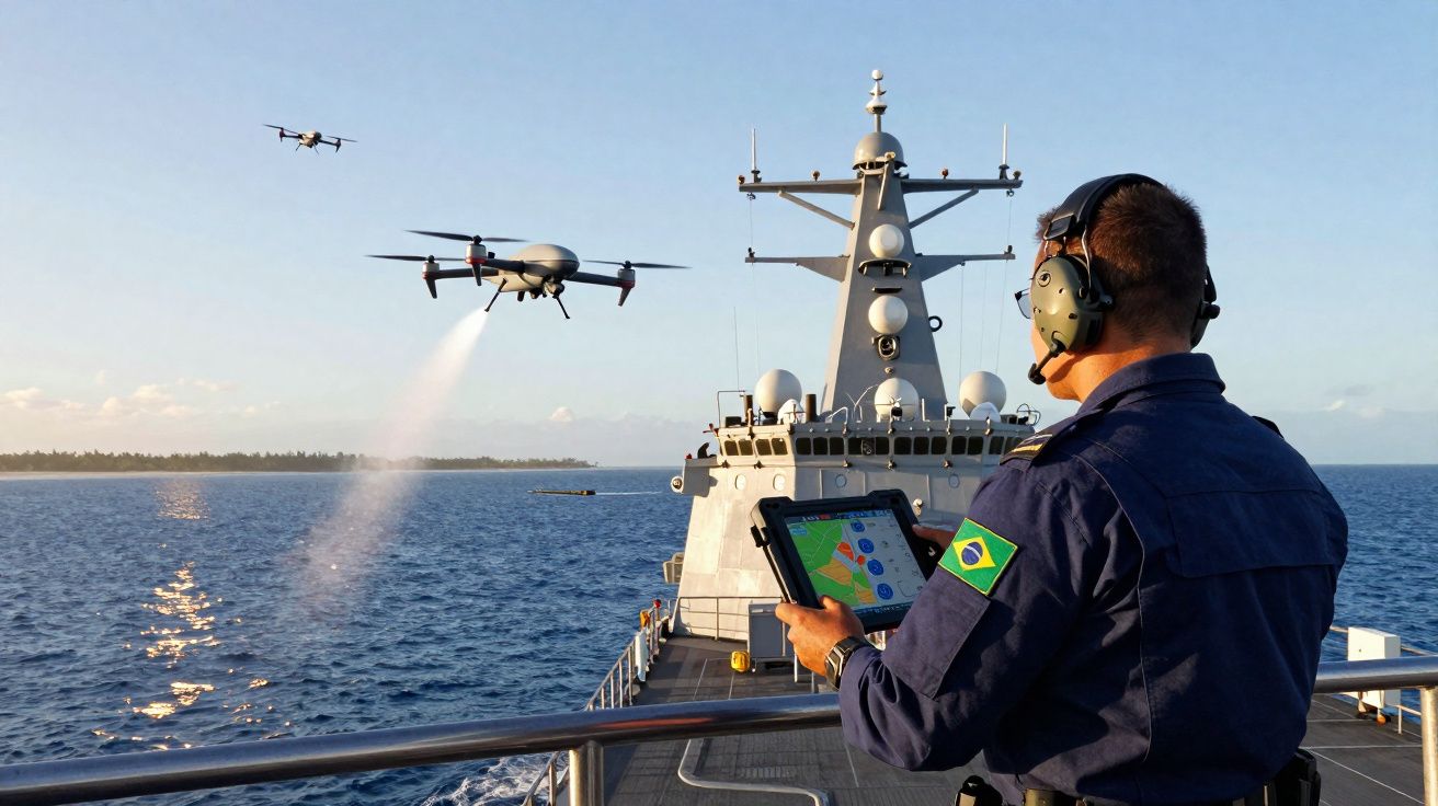 Militar brasileiro numa embarcação naval controla drones sobre o mar durante operação marítima.