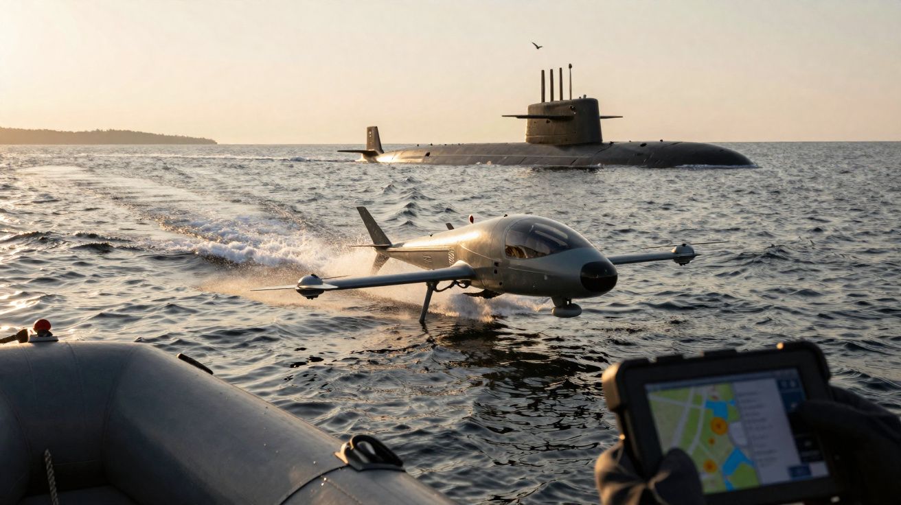 Drone naval a descolar da água perto de um submarino e de uma embarcação numa zona costeira ao pôr do sol.