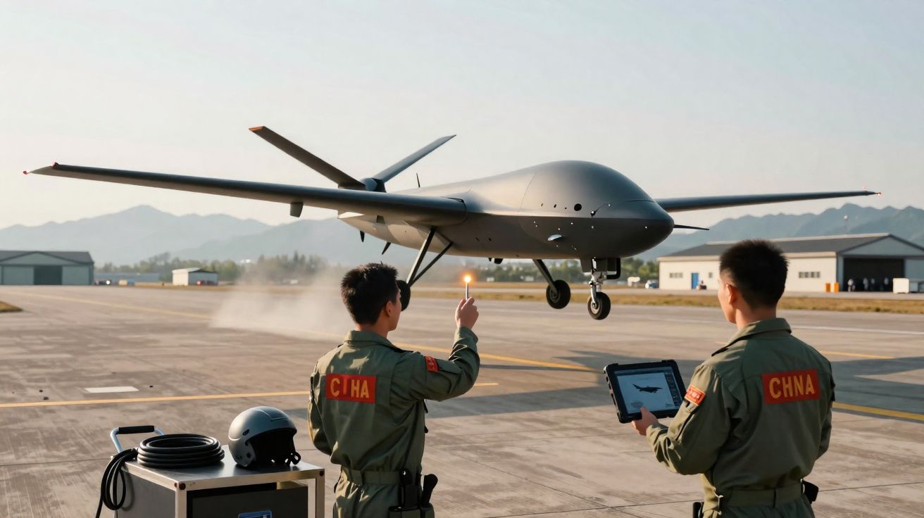 Militares chineses operam drone militar a descolar numa pista de aeroporto com montanhas ao fundo.
