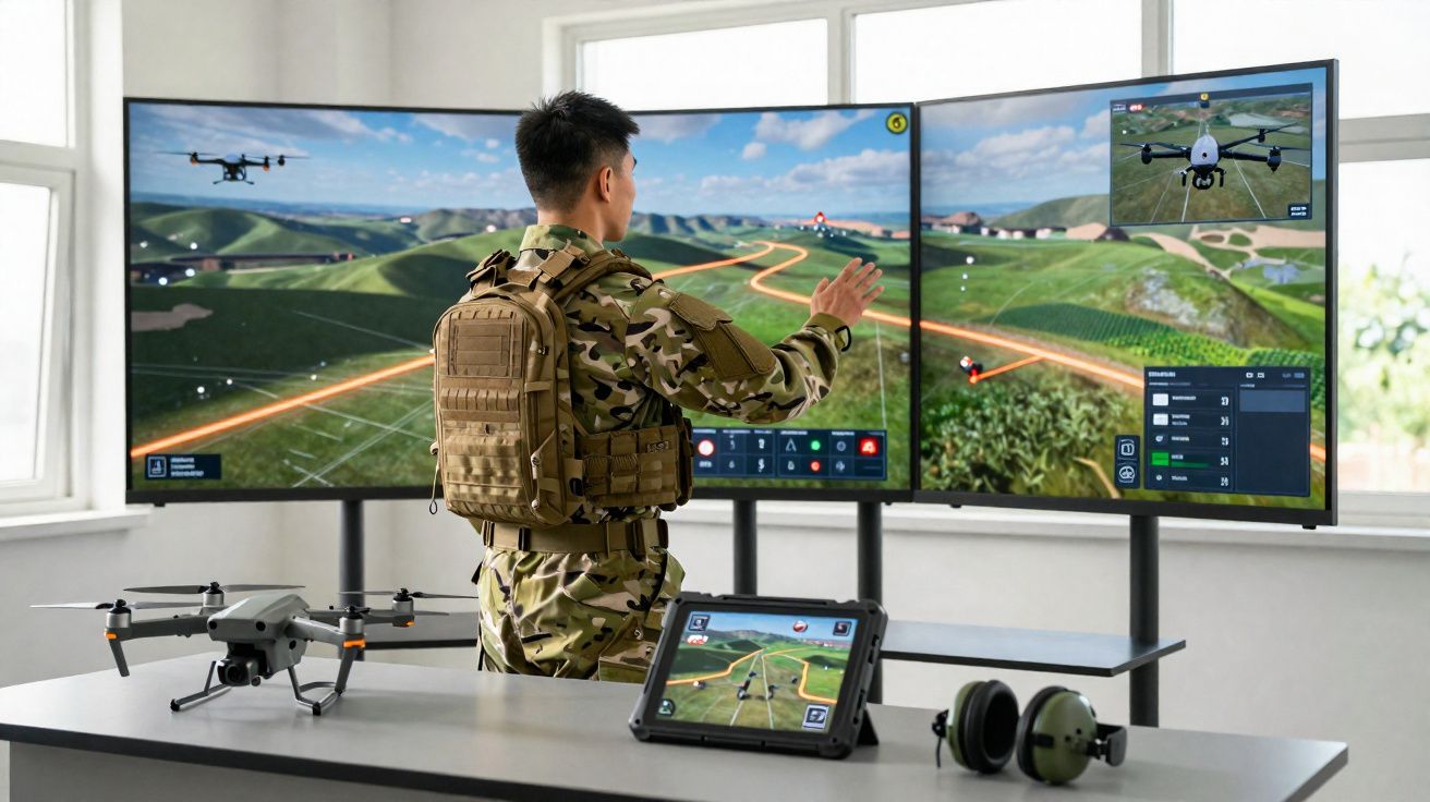Militar controla drone com equipamento tático e ecrãs de simulação de voo e paisagem campestre.