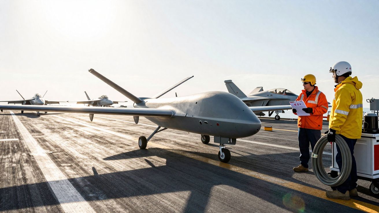 Drone militar estacionado em pista de aeroporto com dois técnicos em roupa de segurança ao lado.
