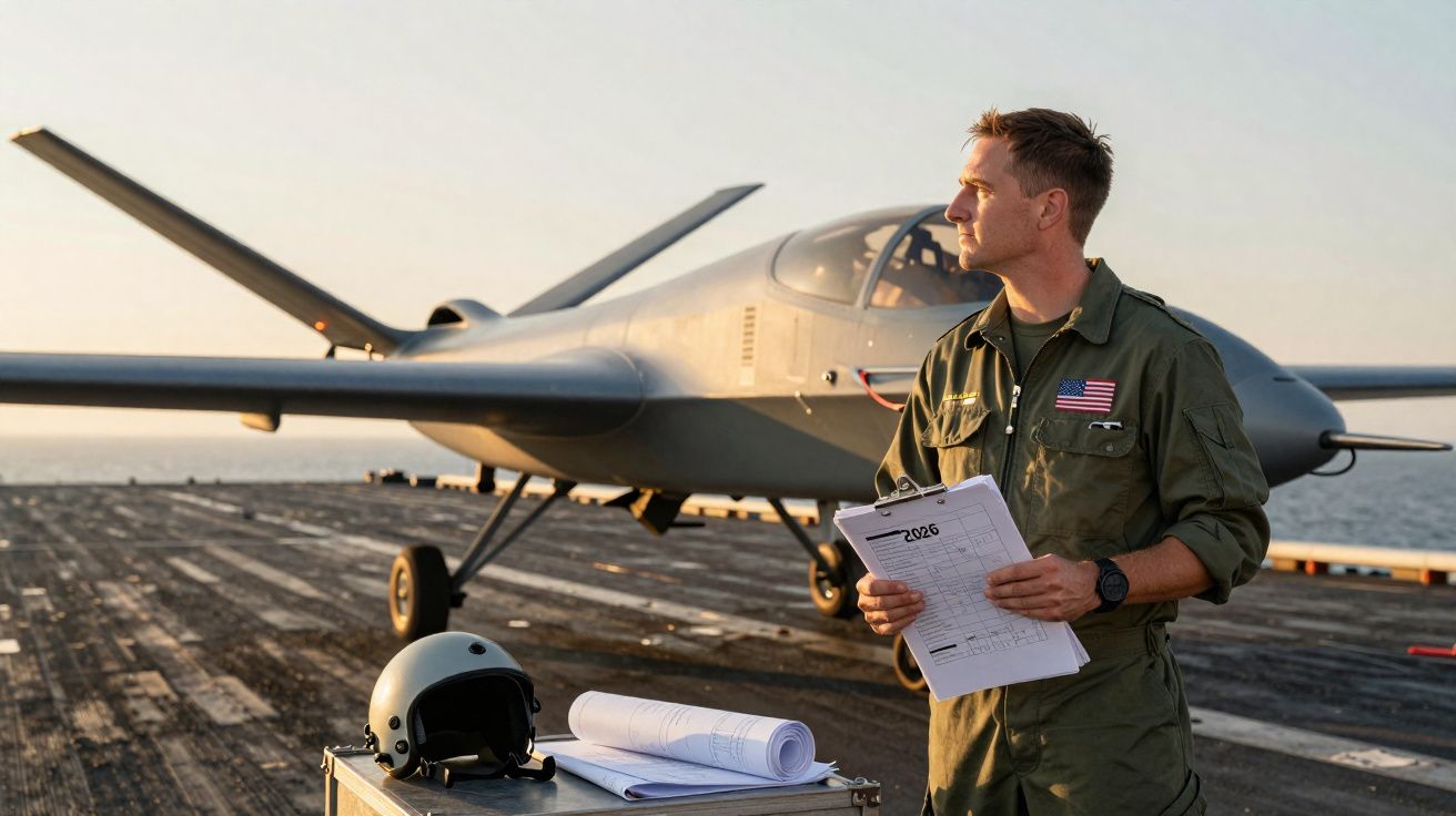 Piloto militar com uniforme e prancheta junto a drone de vigilância numa plataforma naval ao pôr do sol.
