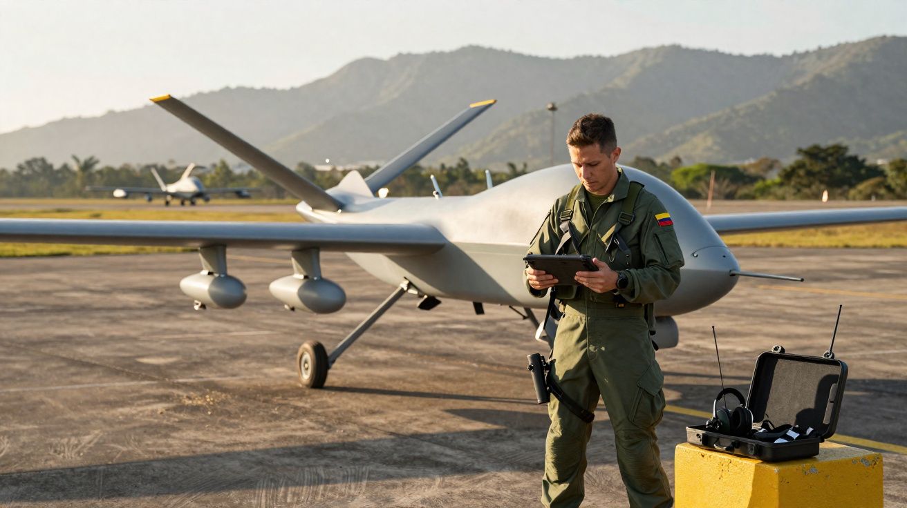 Piloto militar em fato verde verifica equipamento digital junto a drone cinzento estacionado numa pista aérea.