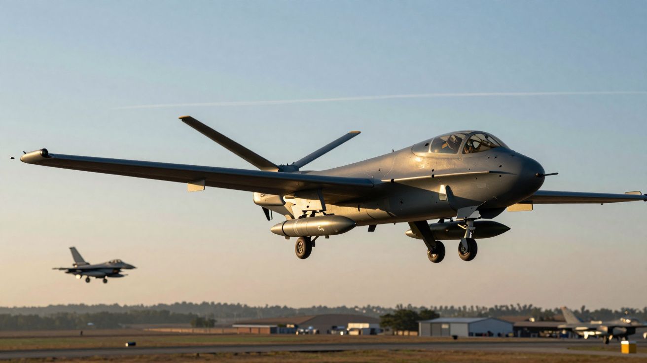 Avião militar em voo baixo perto da pista de descolagem ao pôr do sol.