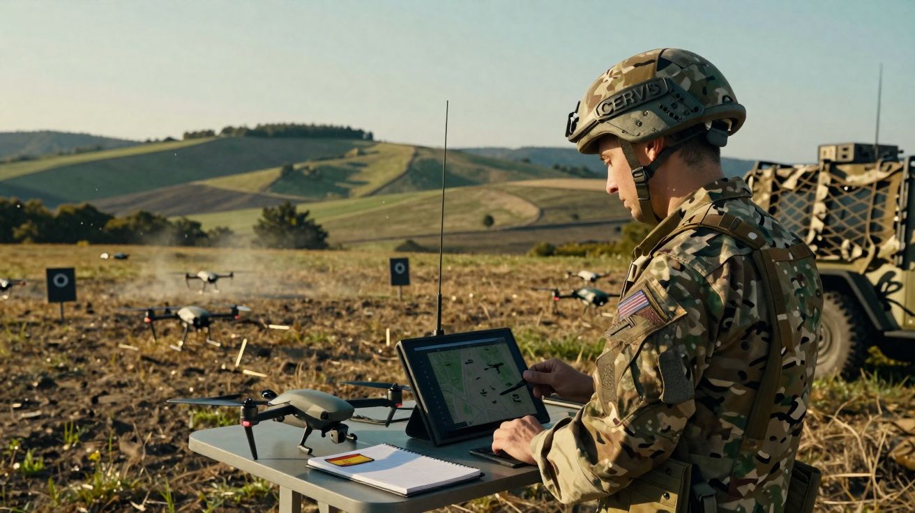 Soldado em uniforme camuflado opera drone com tablet numa mesa em campo aberto com colinas ao fundo.