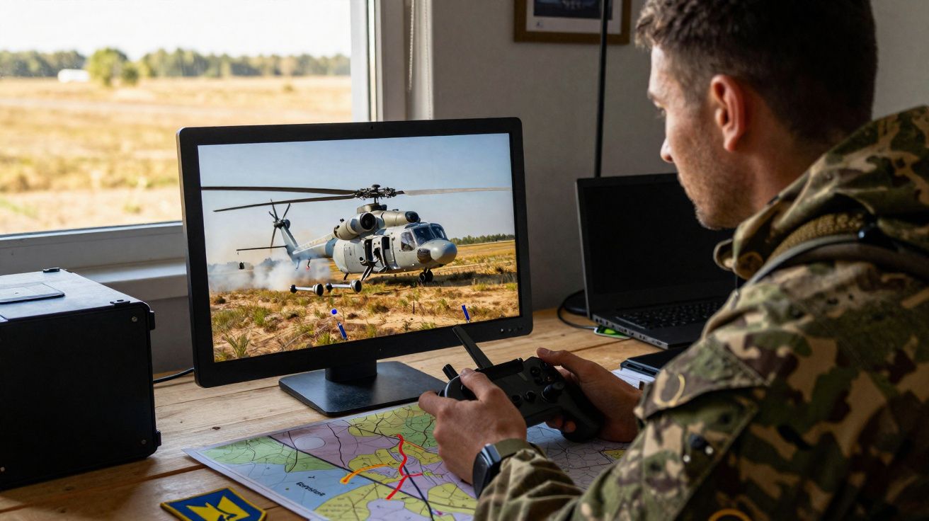 Homem em uniforme militar controla helicóptero em simulador num computador numa mesa com mapa.