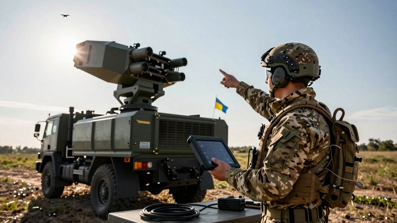 Soldado com equipamento militar aponta para drone enquanto usa tablet, perto de veículo militar com bandeira da Ucrânia.