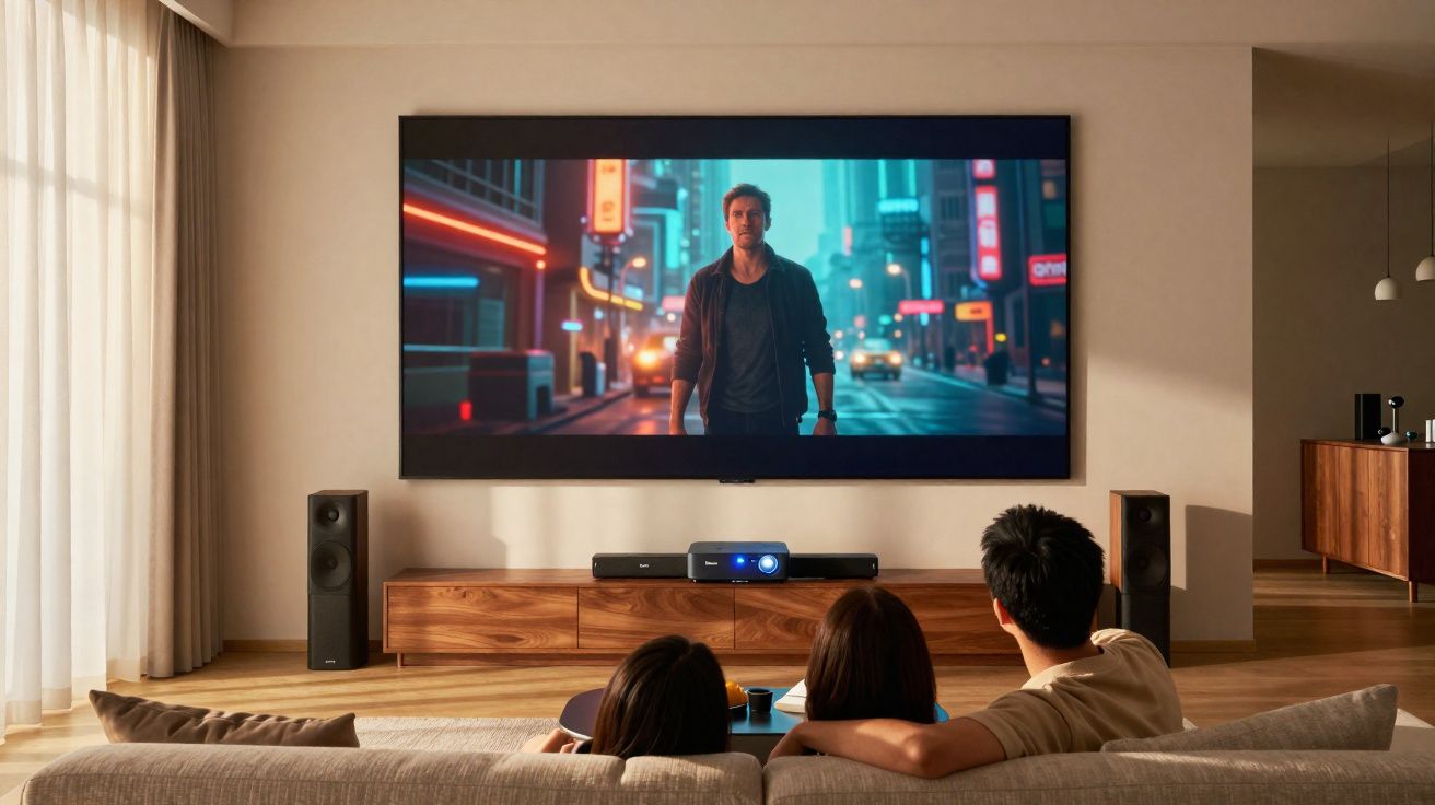 Três pessoas sentadas num sofá a ver um filme numa grande televisão numa sala moderna e iluminada.