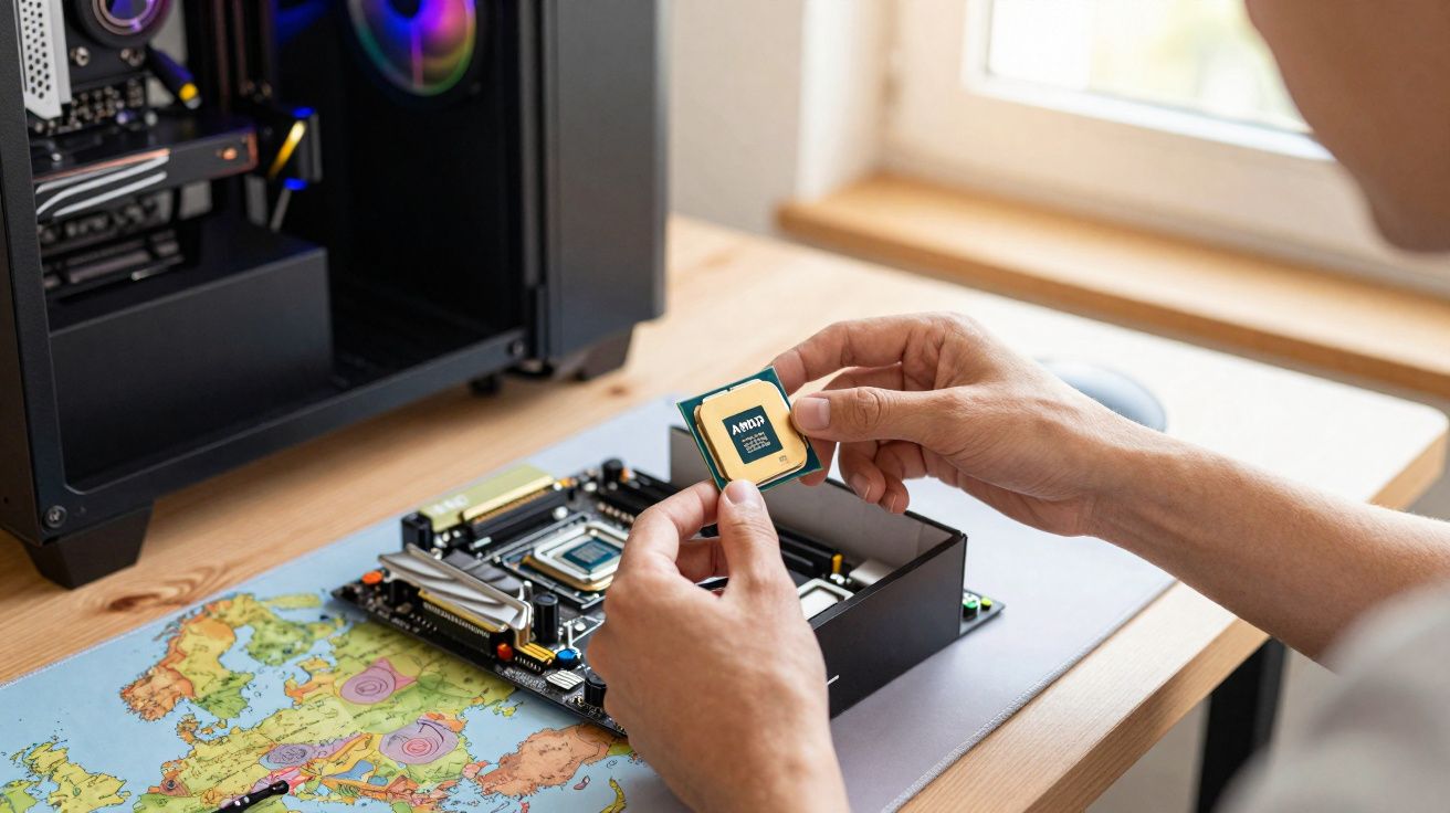 Pessoa a instalar processador AMD numa motherboard sobre uma mesa com mapa-múndi.