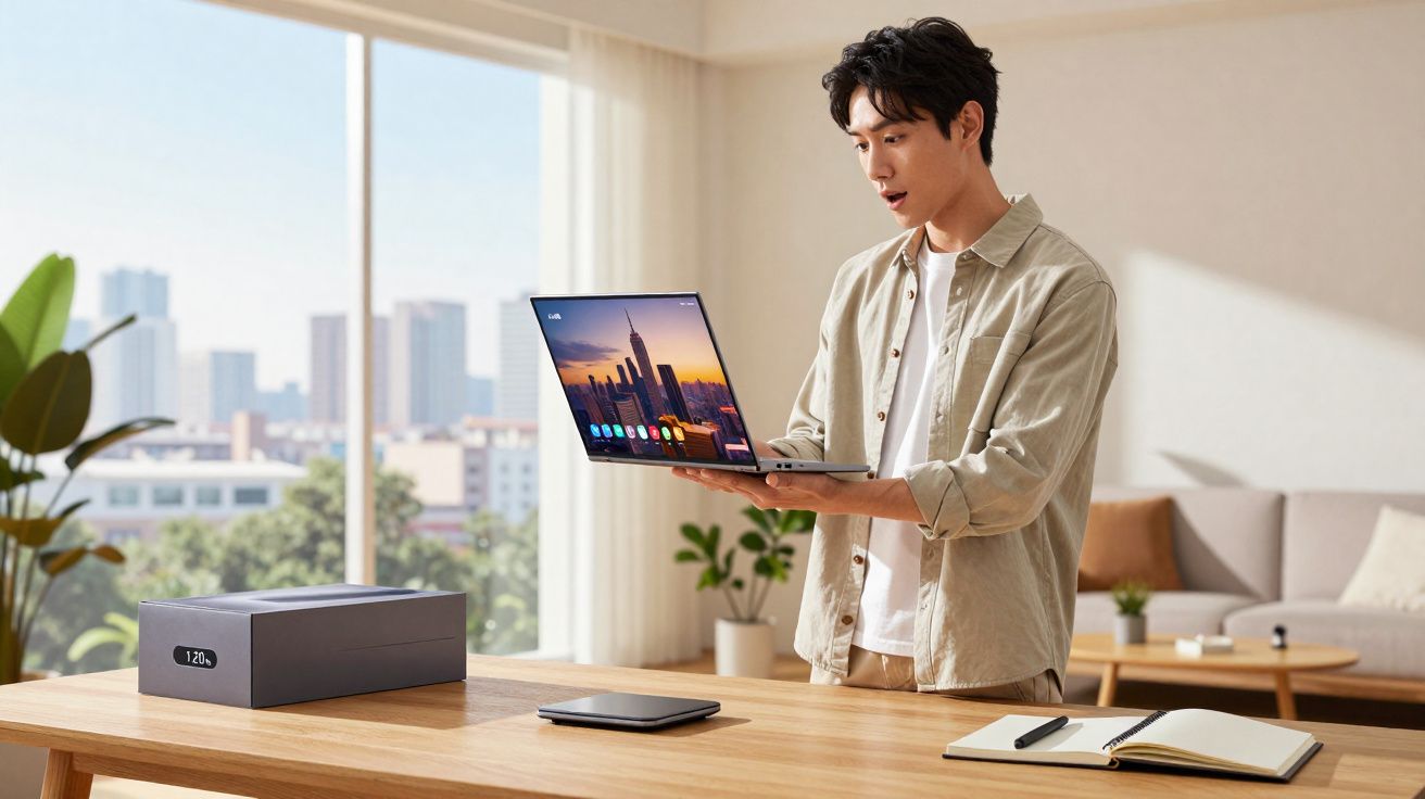 Homem surpreendido a usar portátil dobrável numa sala moderna com muita luz natural.