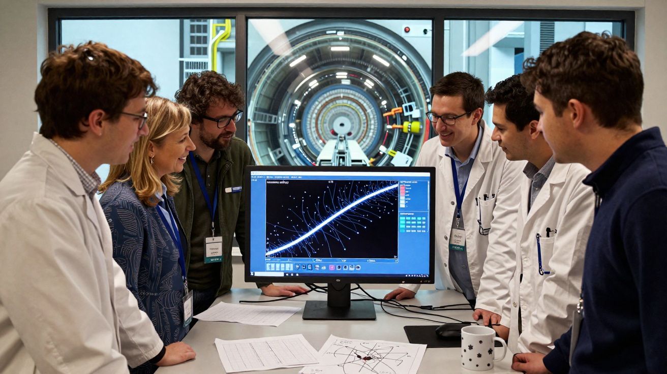 Grupo de cientistas em laboratório a analisar dados num ecrã com acelerador de partículas ao fundo.