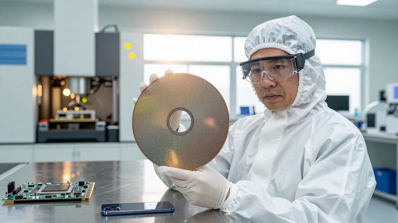 Técnico em laboratório limpo segurando um disco de silício com equipamento eletrónico ao lado.