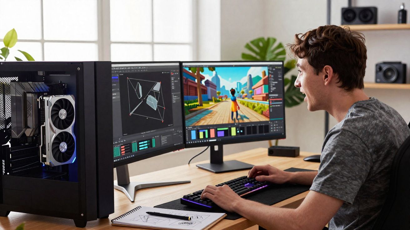 Jovem a trabalhar em design gráfico e animação 3D num computador com ecrãs duplos numa secretária.