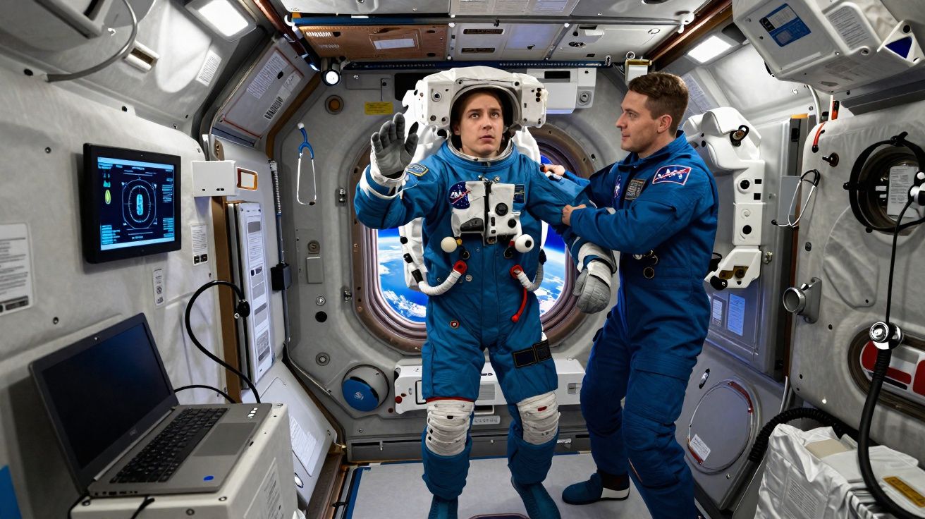 Dois astronautas em fato espacial dentro de uma estação espacial com vista para a Terra pela janela.