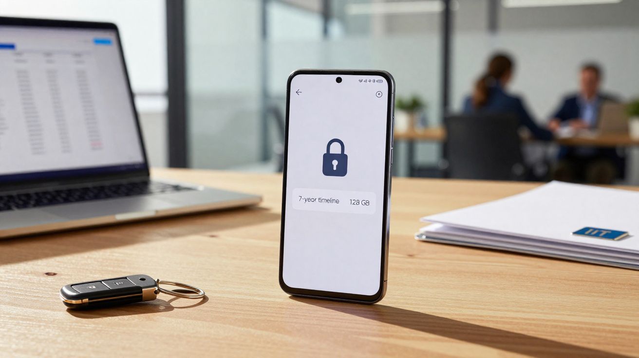 Smartphone com ícone de cadeado visível na tela, apoio em secretária com computador portátil, chaves e papéis.