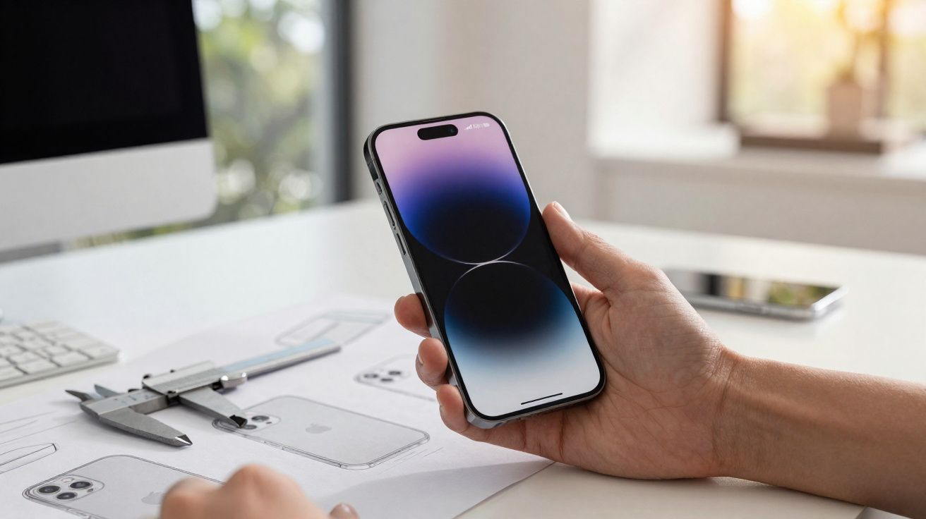 Pessoa a segurar um smartphone com ecrã ligado sobre uma mesa com desenhos técnicos e uma régua de precisão.